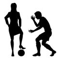 Woman puncturing football silhouette